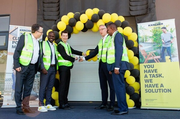 l-r: axel stolz, regional president, africa & india, karcher; richard mumo, managing director kenya & general manager, east africa, karcher; christian may, deputy chief executive officer & chief sales officer, karcher; mr. sebastian groth, ambassador of the federal republic of germany to kenya; and joseph nguyo, senior deputy secretary, state department for investment promotion during the official launch of karcher’s local warehouse operations at tatu city.