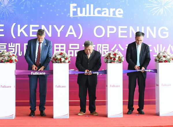 fullcare's new medical garment facility at tatu city was inaugurated at a ribbon-cutting ceremony graced by china embassy minister counsellor mr. zhang (centre); founder of fullcare medical, lu jianguo (right); and rendeavour founder & ceo stephen jennings (left).