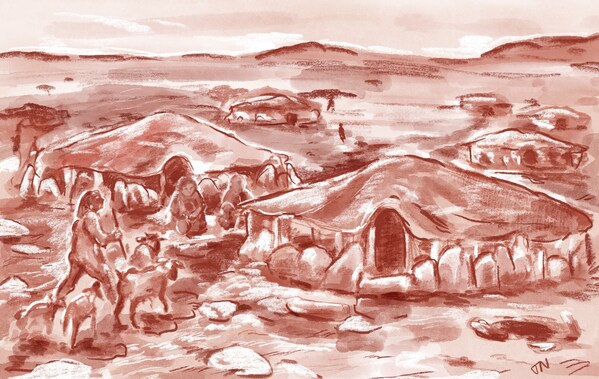 artists’ impression of a small cluster of standing stone circle dwellings during the neolithic period. a male figure shepherding goats back into the camp, another sits outside, knapping stone tools. the animal skin walls of their dwelling are thrown up while a number of small hearth fires sit cold. (artist: thalia nitz)